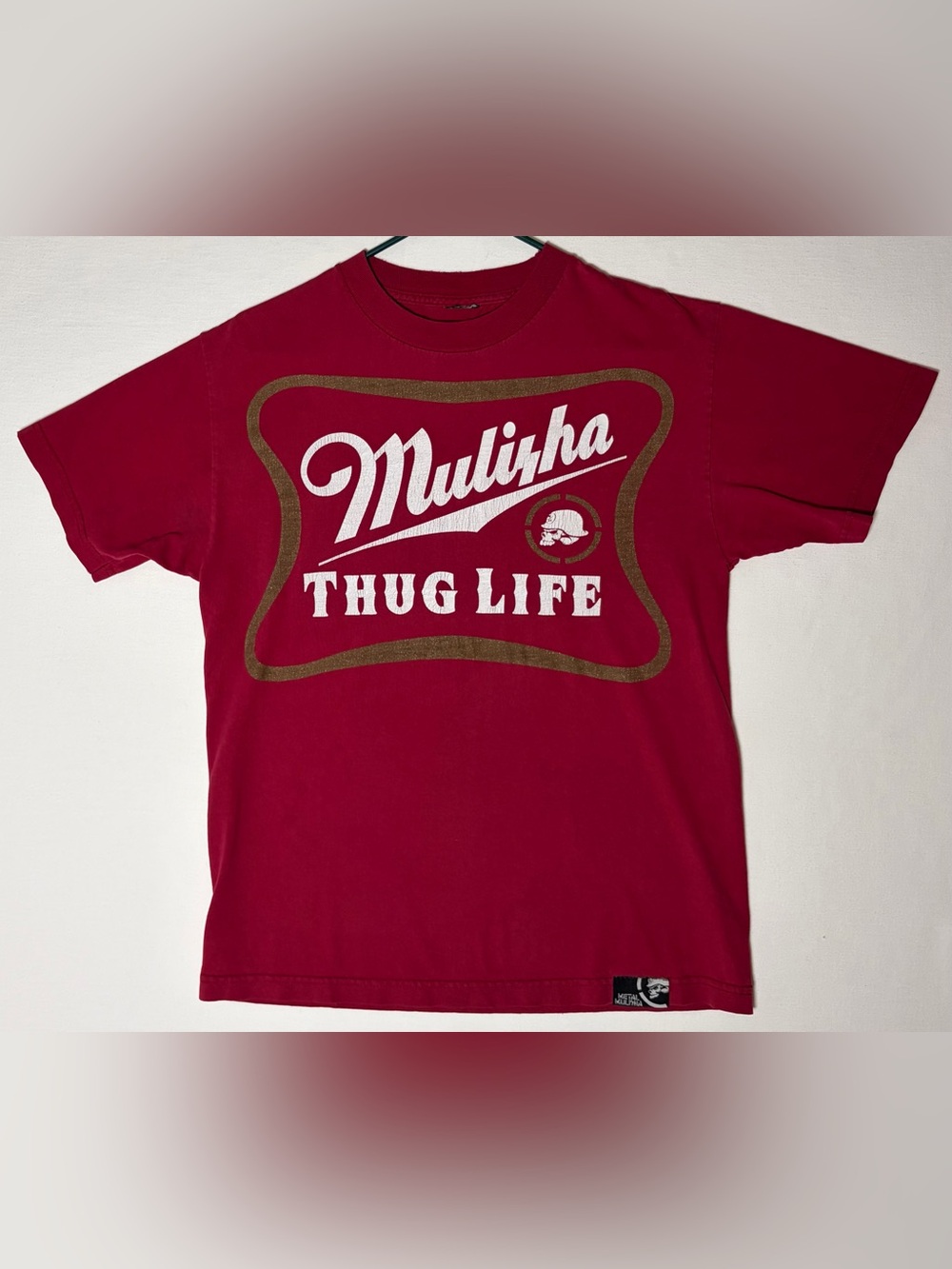 Vtg Metal Mulisha Thug Life Short Sleeve Tee Men's Medium Dark Red Gold Grunge